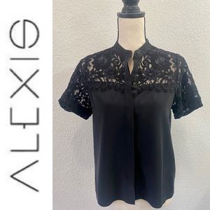 Alexis black silk short sleeve top with lace inset
